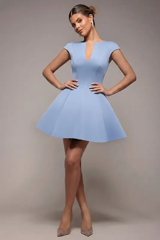 Goddiva Cap Sleeve Plunging V-Neckline Skater Mini Dress - Light Blue