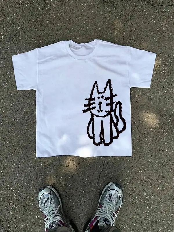 Unisex's Cat Print Round Neck Tee, Street Fashion Casual Short Sleeve T-shirt for Daily Wear, Unisex Top for Summer, Streetwe...