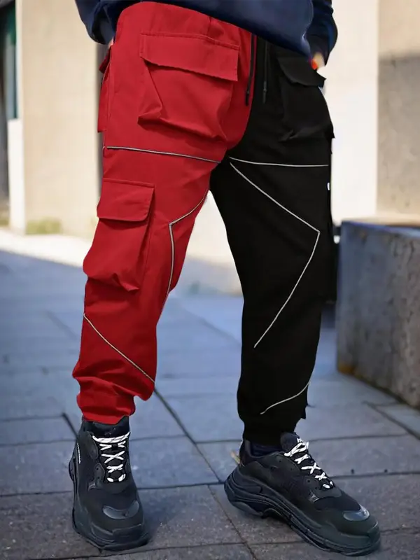 Men's Fashion Colorblock Drawstring Waist Cargo Pants, Chic Flap Pocket Design Trousers for Streetwear Going Out Holiday, Ver...