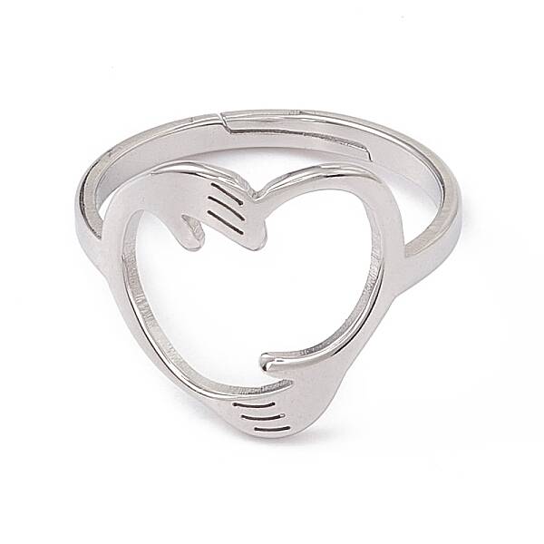Non-Tarnish 201 Stainless Steel Hand Hug Heart Adjustable Ring for Women