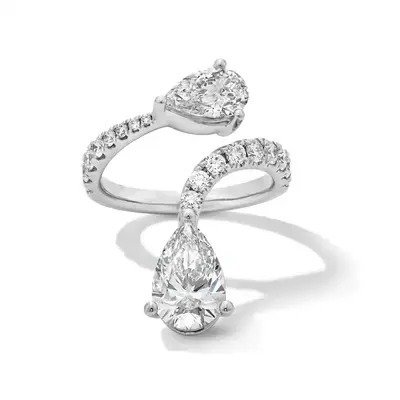 14K White Gold Pear Cut Cut Lab Created Diamond Custom Open Ring F Color VS2 Clarity 3EX IGI Certified