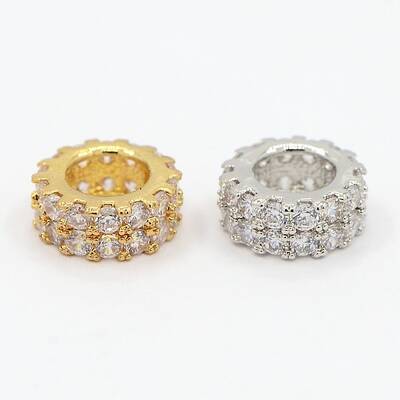 Brass Micro Pave Cubic Zirconia Beads Flat Round Spacer