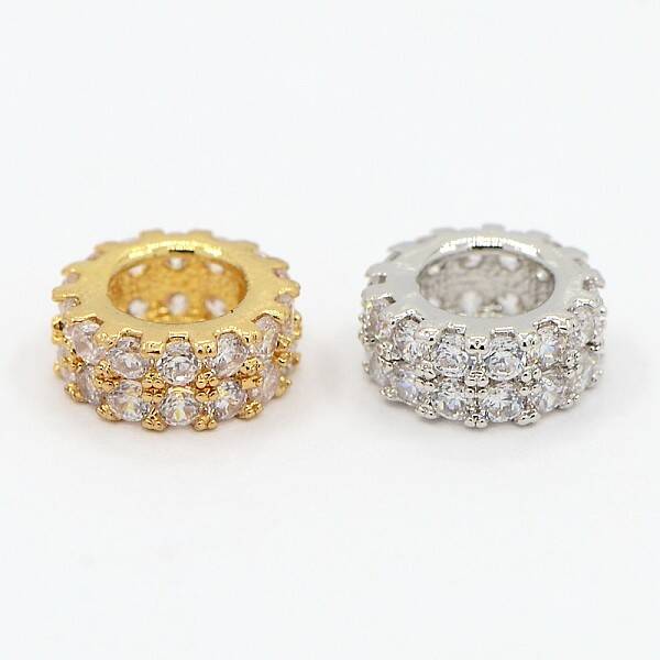 Brass Micro Pave Cubic Zirconia Beads Flat Round Spacer