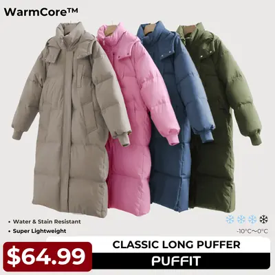 PUFFIT Classic Hooded Long Puffer Coat Women, Long Ladies Quilted Outerwear Jacket Big Pocket, Winter Warm Basic Long Sleeve...