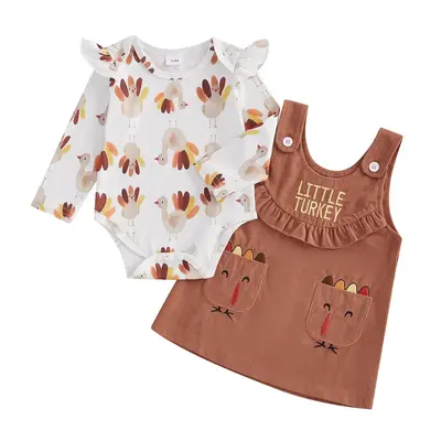 Baby Girls 2 Piece Outfits 0-18M Thanksgiving Turkey Print Long Sleeves Romper and Dress Fall Spring Clothes
