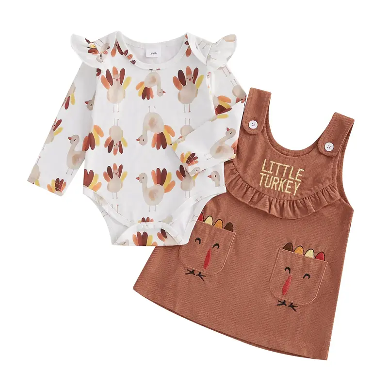 Baby Girls 2 Piece Outfits 0-18M  Thanksgiving Turkey Print Long Sleeves Romper and Dress Fall Spring Clothes