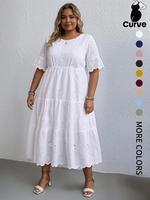 【Plus Size】 Plain Eyelet Embroidery Dress, Casual Boho Fashion Round Neck Dress for Daily Holiday Vacation Wear, Women P...