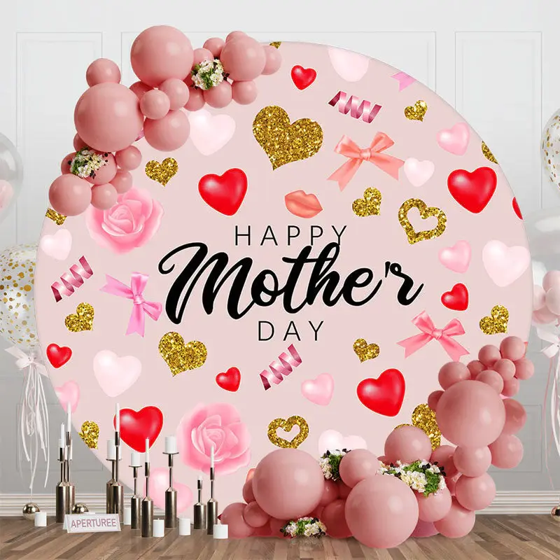 Red Gold Heart Lip Floral Round Mothers Day Backdrop - Aperturee