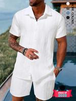 Men's Solid Textured Short Sleeve Button Front Shirt & Pocket Drawstring Waist Shorts Two-piece Set, Casual Summer Outfits Cl...