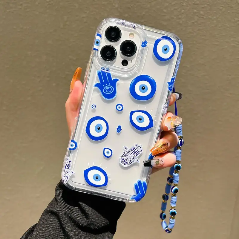 Clear Evil Eye Pattern Phone Case With Lanyard for Summer Gift, 1 Count Full Coverage Camera Protect Shockproof Decorative P...
