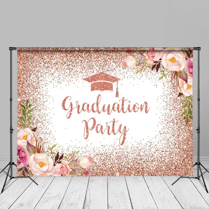 Rose Gold Sparkling Floral Grad Photo Booth Backdrop - Aperturee