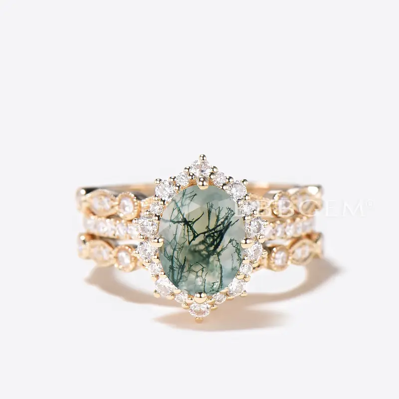 3pcs Oval Cut Natural Moss Agate Diamond Half Eternity Bridal Set Halo Engagement Ring