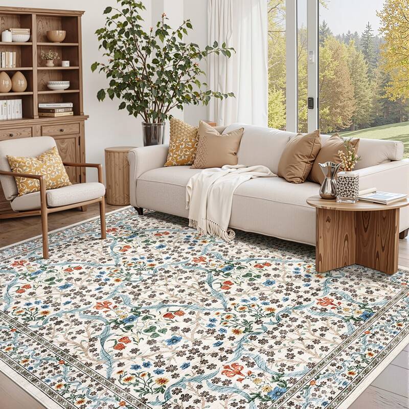 Garvee Floral Print Living Room Rug Soft Low Pile Washable Non Slip Backing Faux Wool Botanical Design Large Size for Home Of...