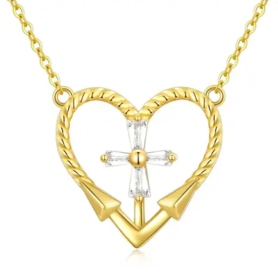 14K Gold Cubic Zirconia Cross & Heart Pendant Necklace