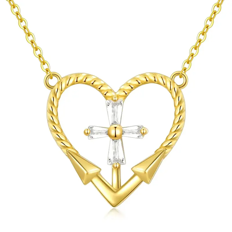 14K Gold Cubic Zirconia Cross & Heart Pendant Necklace