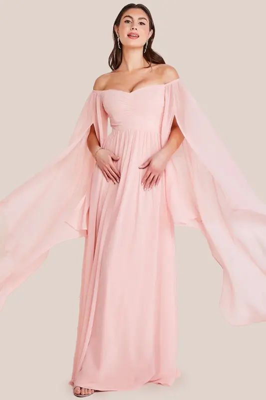Goddiva Chiffon Off The Shoulder Maxi With Cape Sleeves  - Blush