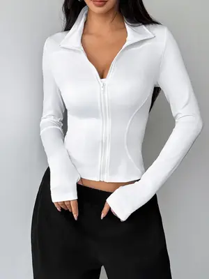 Women's Solid Color Zippered Collar Short Jacket, Casual Fashion Long Sleeve Outerwear for Fall & Winter, Slim-Fitting Street...