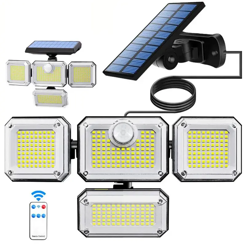 Solar Powered Outdoor Light, 1 Set Waterproof Motion Sensor Security Spotlight with Remote Control, 4 Head Solar Floodlight f...