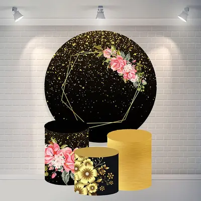 Aperturee Gold Glitter And Flower Round Happy Birthday Backdrop | Birthday Round Backdrop Cover | Round Party Backdrop | Circ...