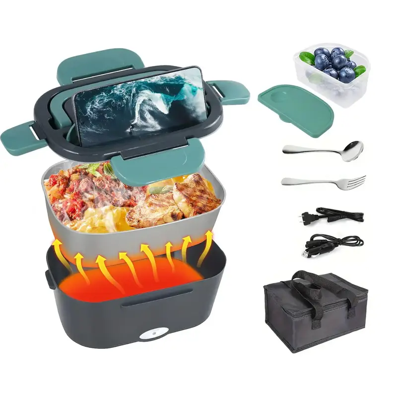 Electric Lunch Box with Cutlery & Storage Bag, 1 Set US Plug Charging 3 in 1 Ultra Quick Heated Lunch Boxes, Leak Proof Porta...