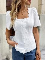 Women's Plain French Lace Trim Short Sleeve Blouse, Casual Elegant Open Front Top for Summer, Ladies Clothes Fitted for Daily...