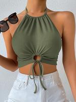 Women's Solid Ruched Tie Front Halter Crop Top, Minimalist Casual Drawstring Backless Top for Summer, Ladies Clothes for Dail...