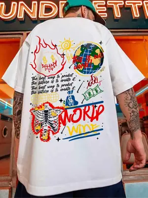 Men's Cartoon Letter Print Drop Shoulder Tee, Summer Clothes, Short Sleeve Crew Neck Loose Printed T-Shirt, Streetwear, Men ...