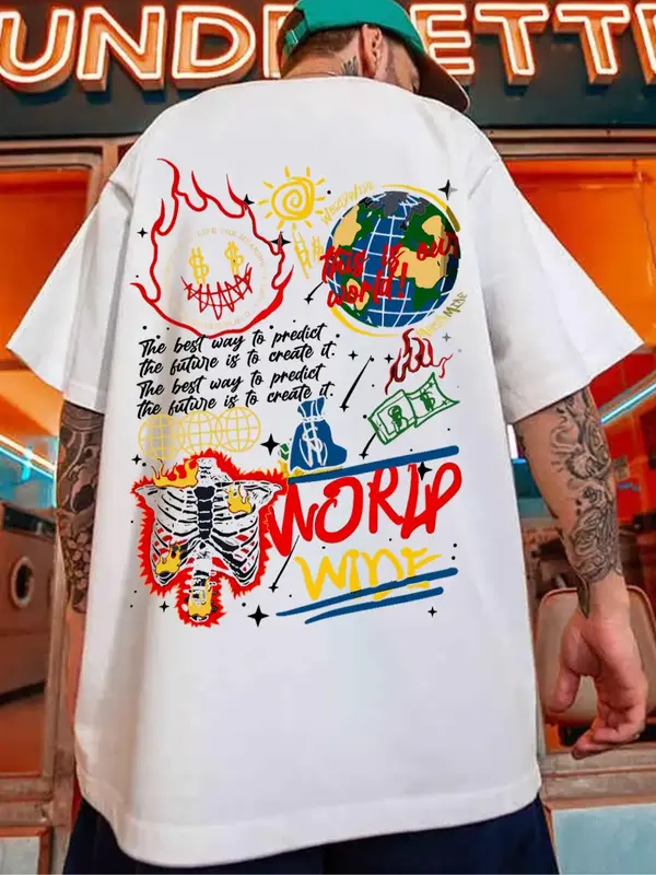 Men's Cartoon Letter Print Drop Shoulder Tee, Summer Clothes, Short Sleeve Crew Neck Loose Printed T-Shirt, Streetwear, Men ...