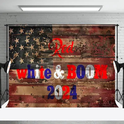Red White Boom 2024 Retro Usa Flag Wooden Backdrop