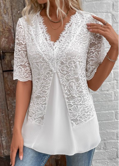 Modlily White Patchwork Half Sleeve V Neck Blouse - S