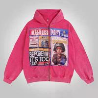 Acid Washed Oversized Zip-Up Hoodie with Statement Graphic, Retro Heavy Cotton Streetwear, Y2K Unisex Jacket Gift for Him or ...