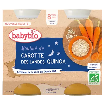 Babybio Dinner Jars - 8 + months - Carrot Milled, Quinoa - BIO 2X200G