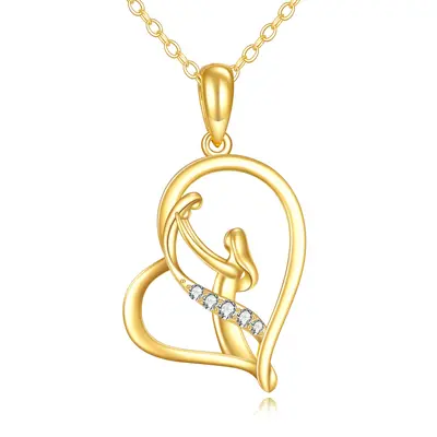 14K Gold Moissanite Mother & Daughter & Heart Pendant Necklace