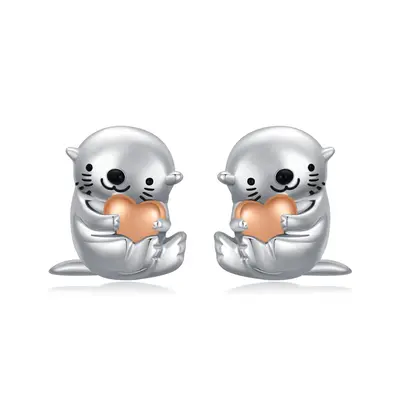 Sterling Silver Two-tone Sea Otter & Heart Stud Earrings