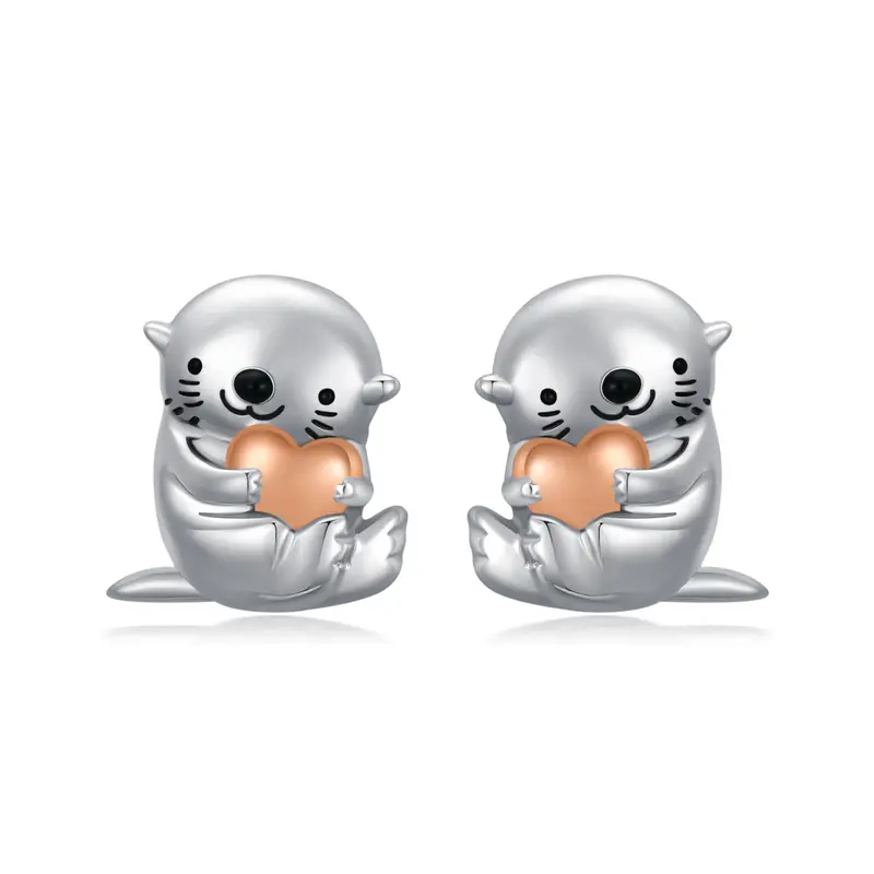 Sterling Silver Two-tone Sea Otter & Heart Stud Earrings