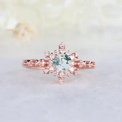 Vintage Moss Agate Engagement Ring Art Deco Women Wedding Ring