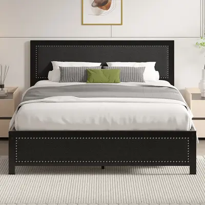 VECELO Bed Frame with Upholstered Linen Nailhead Trim Headboard Footboard Twin Full Queen Size Platform Metal Slat Support No...