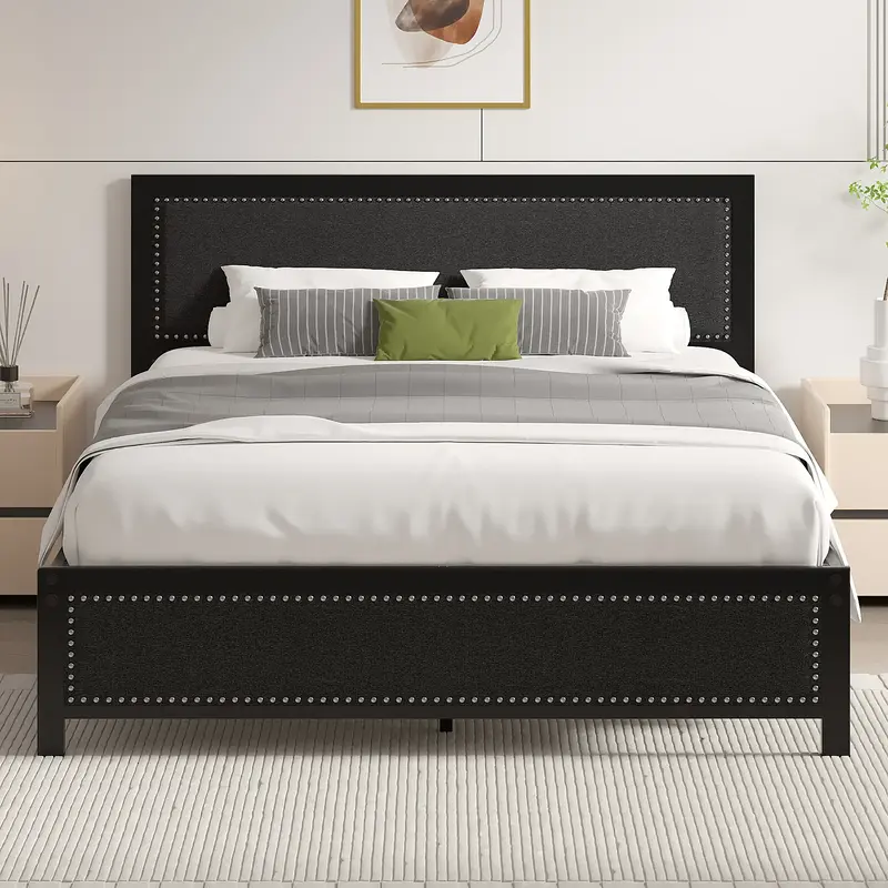 VECELO Bed Frame with Upholstered Linen Nailhead Trim Headboard Footboard Twin Full Queen Size Platform Metal Slat Support No...