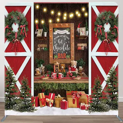 Aperturee Hot Chocolate Bar Red Wood Door Happy Christmas Backdrop - Aperturee
