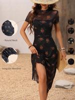 Women's Floral Print Contrast Mesh Dress, Casual Lettuce Trim Asymmetrical A Line Dress for Beach Holiday, Ladies Clothes fo...