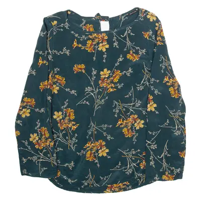 Womens Blouse Top Green Long Sleeve Silk Floral XS