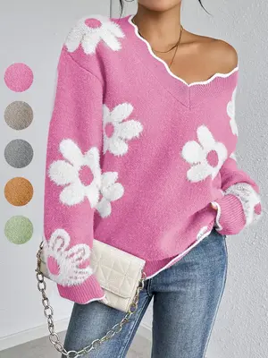 Women's Floral Pattern Scallop Trim Drop Shoulder Sweater, Casual Long Sleeve V Neck Jumper for Fall & Winter, Fashion Ladies...