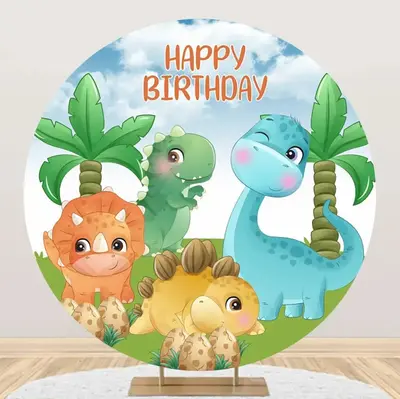 Colorful Various Dinosaurs Round Birthday Backdrop - Aperturee