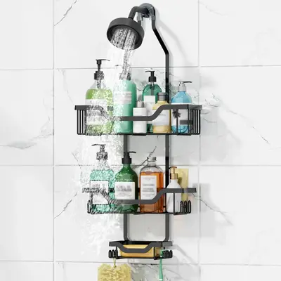Bathroom Shower Storage Rack, Punch Free 3-tier Hanging Shower Storage Rack with Soap Holder & Hooks, Multifunctional Shower ...
