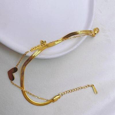 Heart & Word 304 Stainless Steel Snake Chain Double Layer Anklets for Women
