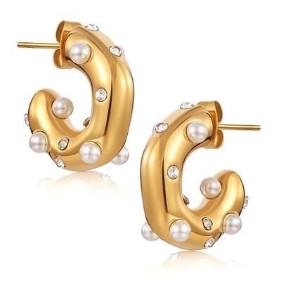 Shell Pearl C-shape Stud Earrings with Clear Cubic Zirconia