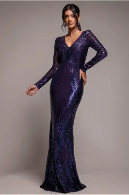 Goddiva Two Toned V Neck Sequin Maxi - Purple