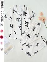 Women's Bowknot Print Contrast Binding Lapel Shirt & Elastic Waist Pants Pyjama, Casual Comfy Short Sleeve Pocket Top & Trous...