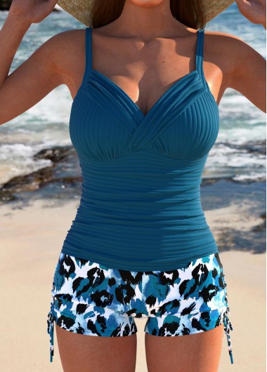 Modlily Ruched Leopard Peacock Blue Tankini Set - XXL