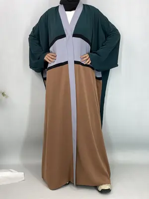 Women's Colorblock Batwing Sleeve Abaya, Elegant Long Sleeve Open Front Abaya for Daily Wear, Ladies Islamic Clothing for All...